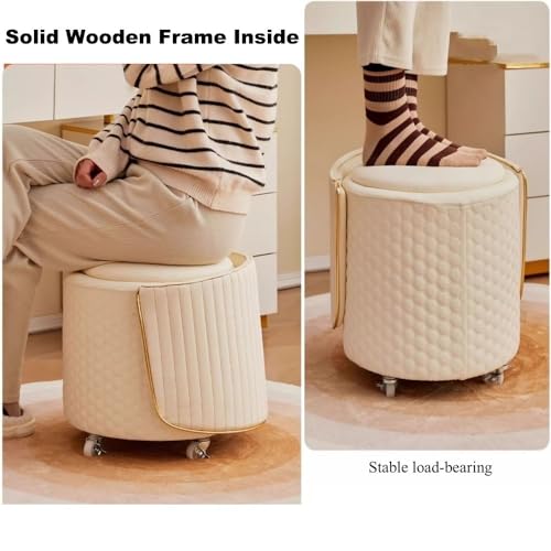 Vanity Stool with Back, Rolling Ottoman with Wheels, Round Storage Seat H231850