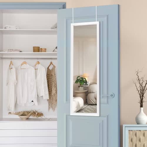 NicBex Over-The-Door Mirror, Full Length Door Mirror for Bedroom, Dorm, Dressing Room, Hanging Over Door or Leaning or Mounting as a Wall Mirror, Vanity Mirror, Hangers Included, White, 43x16