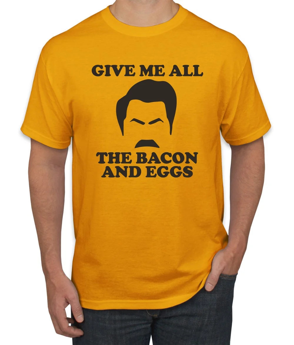 Parks and Recreations Give Me All The Bacon and Eggs Pop Men's Graphic T-Shirt, Gold, 4XL